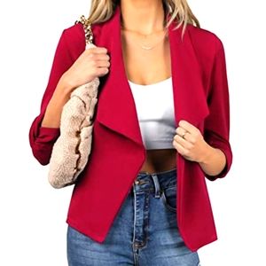Womens Doublju red work ruched 3/4 sleeve open front blazer jacket sz sm